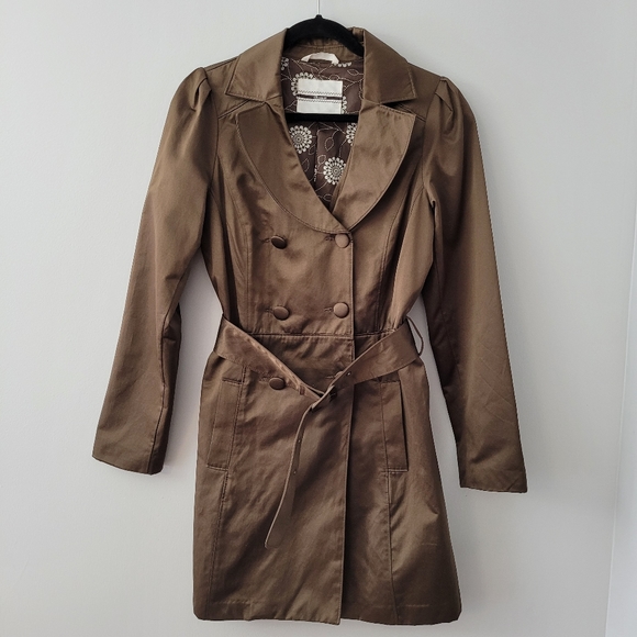 Women's Bronze Trench Coat with Floral Lining Sz M Y2K Vintage - Picture 5 of 11